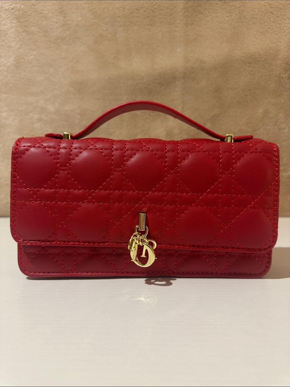 Red Quilted Top-Handle Women's Bag with Gold Charm
